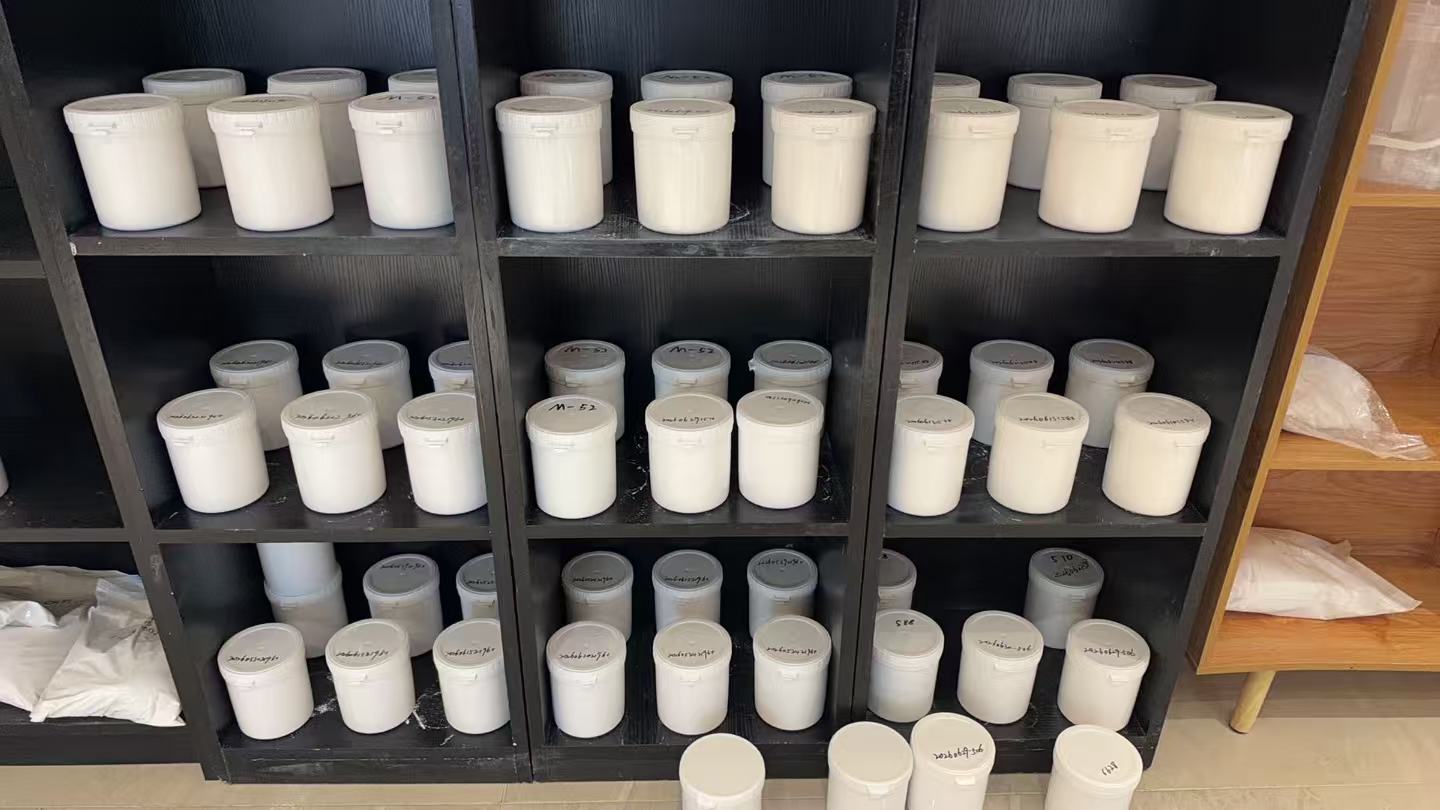 Rows of sample containers in a storage cabinet